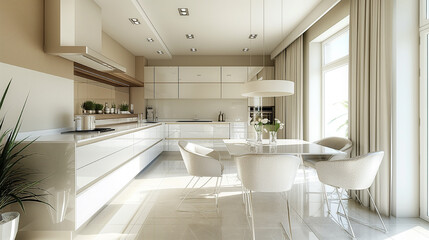 Sleek and Modern Contemporary Kitchen Room Interior in White and Cream Colors, 3D Render
