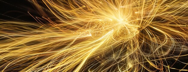 Fototapeta premium Abstract background with glowing gold lines and particles.