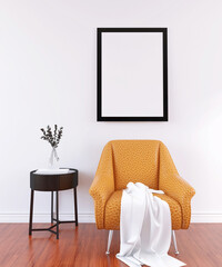 Living Room Interior Wall Poster Frame Mockup with Modern Decor. 3D Render