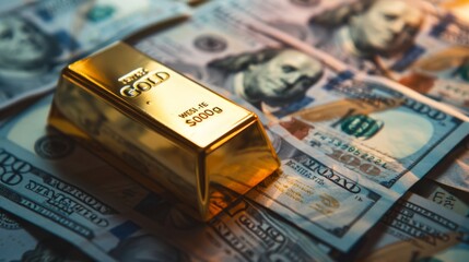 Gold bar on US dollar banknotes money, economy