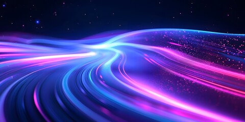 Obraz premium Abstract futuristic background with glowing neon light lines on dark blue, purple and pink colors. Digital technology concept. Abstract wave moving fast in space