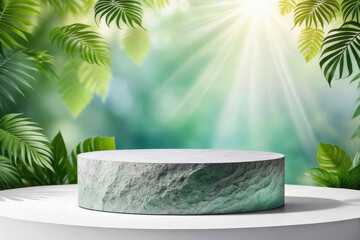 creative Natural stone and concrete podium in Natural green background for Empty show for packaging product presentation