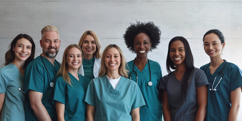 A large group of smiling healthcare workers in green uniforms stand together, symbolizing collaboration