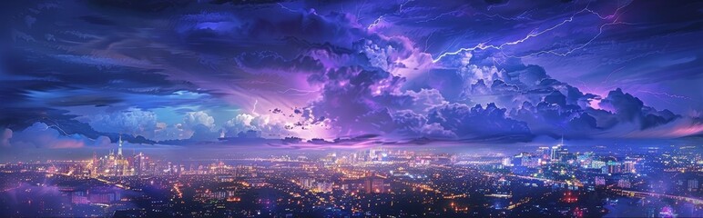 Fototapeta premium Panoramic view of an electrifying thunderstorm over a cityscape, vivid bolts of lightning splitting the night sky, dramatic clouds illuminated by flashes, purple and blue hues