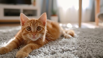 Obraz premium cat sitting on floor, with beautiful eyes, looking cute and curious, showcasing its furry charm
