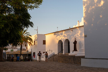 Ibiza, Sant Joan de Labritja town square and church. Balearic Islands, Spain.