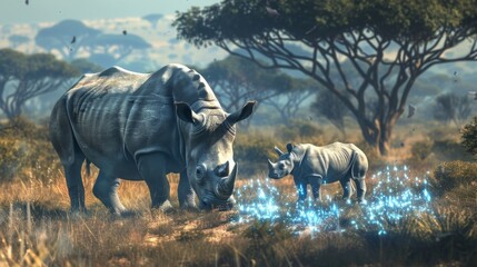 Fototapeta premium A peaceful moment captured in the virtual reality safari as a mother rhinoceros and her calf graze together in the African wilderness.