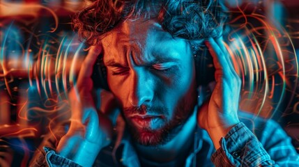a person holding their head in pain with sound waves illustrated around their head.