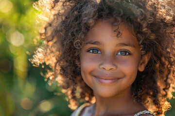 Happy young African American girl with curly hair, glancing at the camera with a big grin