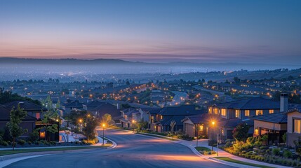 Fototapeta premium A panoramic view captures the beauty of a neighborhood at dusk, where twinkling lights and welcoming homes promise comfort and security.