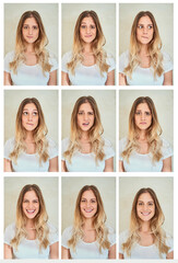 Collage, expression and portrait of woman in studio on gray background for funny face or emotion. Beauty, happy and smile with person in collection, montage or series for identity and personality