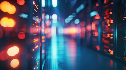 Obraz premium Blurred background image of interior data center with mainframe technology and network traffic system