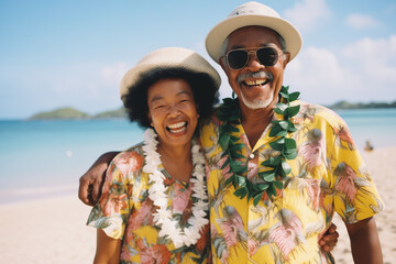A smiling elder couple enjoys a romantic summer vacation together on the beach