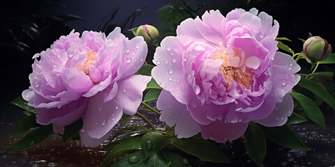 A beautiful pink peony flowers with delicate petals floats gracefully on the water's surface