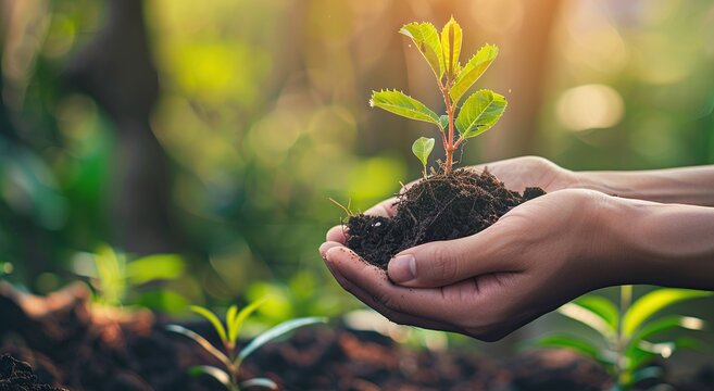 closeup of hands holding soil with a plant growing