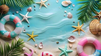 Summer beach setting with floats, seashells, and starfish, framed by coconut trees, bright and playful for product ads