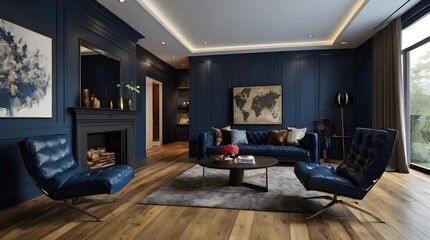 Contemporary living room with dark blue wall and leather seat on wood floors