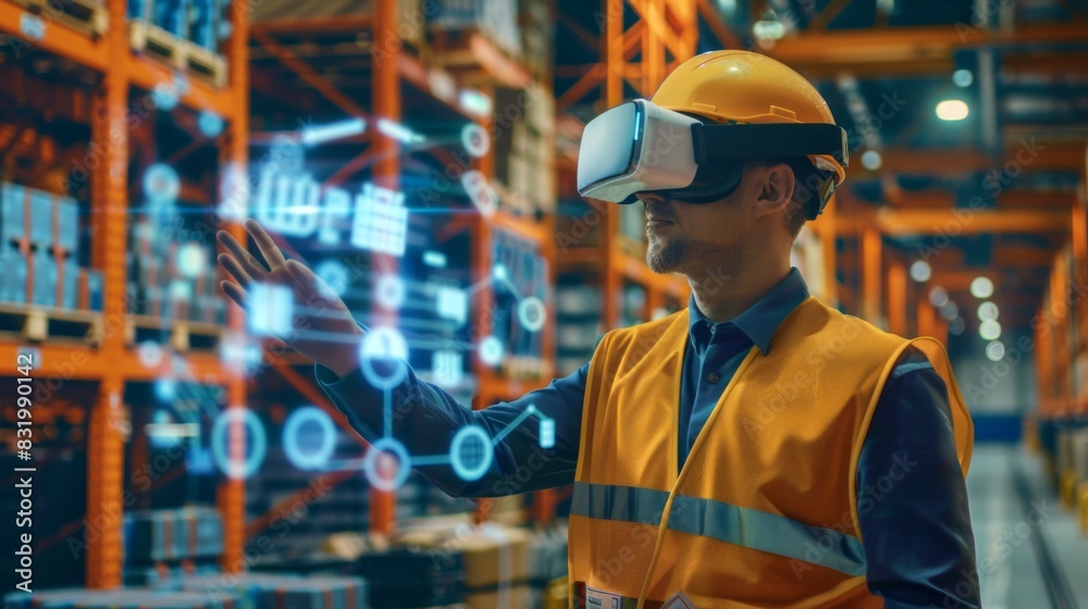 Poster metaverse technology. manager engineer use vr virtual reality goggle analyzing
