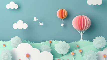 Sky background with paper cut balloon and tree