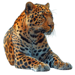 Obraz premium Majestic leopard resting on the ground, showcasing its beautiful spotted fur and intense gaze, isolated on a white background.