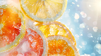 fresh orange pieces with water splash and sunlight on bokeh background
