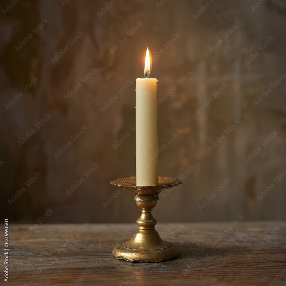 Sticker Burning candle on a vintage brass candlestick