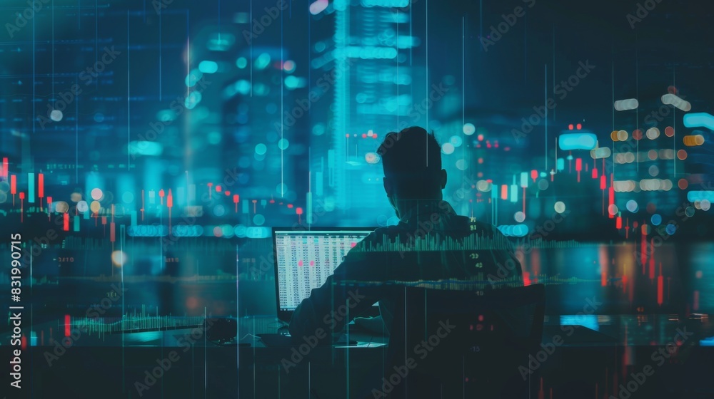 Poster multi exposure of market chart with man working on computer