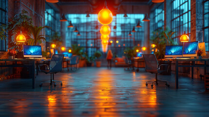 Modern neon cyberpunk open space office interior blurred with information technology overlay. Corporate strategy for finance, operations, and marketing. Tables with computers for work. Technology