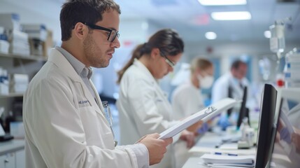 Medical staff diligently recording patient information and treatment details, maintaining comprehensive medical records for continuity of care.