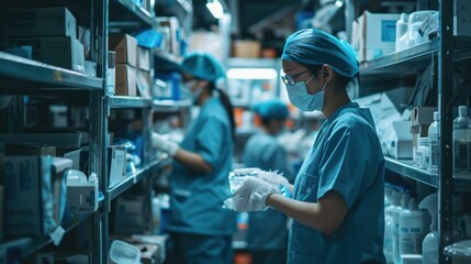 Medical personnel sourcing and organizing essential equipment and medications to support effective patient care delivery.