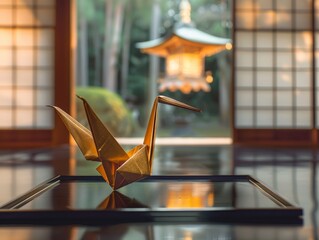 Origami crane on glass table with lantern in background