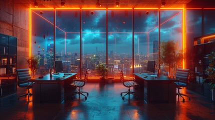 Modern neon cyberpunk open space office interior blurred with information technology overlay. Corporate strategy for finance, operations, and marketing. Tables with computers for work. Technology