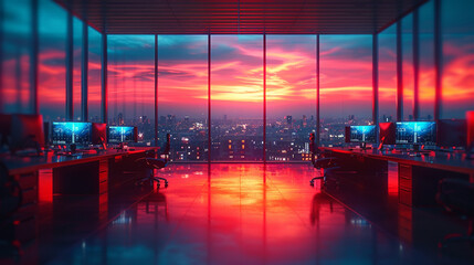 Modern neon cyberpunk open space office interior blurred with information technology overlay. Corporate strategy for finance, operations, and marketing. Tables with computers for work. Technology