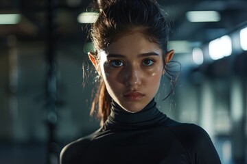 Obraz premium Intense gaze of a young woman in a dark environment