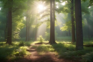 Obraz premium A serene forest clearing with sunlight filtering through the leaves -- 3:2 --v 4