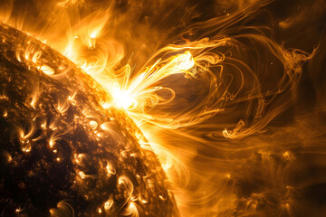 Close up of a blazing sun emitting intense flames