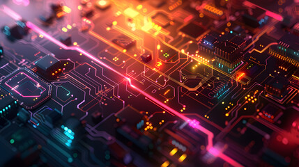 Obraz premium An abstract background with a digital, circuit-board-like design. Use precise lines and geometric shapes in metallic colors to create a sleek, high-tech look that suggests a complex, interconnec