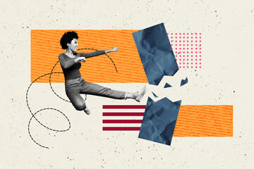 Composite photo collage of sportive american girl kick wall determination judo skill strength lifestyle isolated on painted background