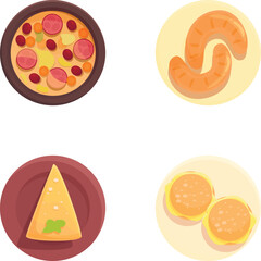 Vibrant flat icons of pizza, sausage, nachos, and burgers, ideal for menu designs