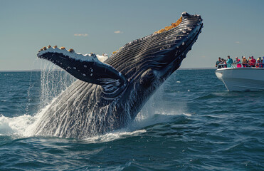 A majestic whale breaches the surface near a boat filled with spectators