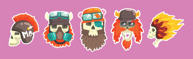 Skull Head with Beard Wearing Retro Helmet Vector Set
