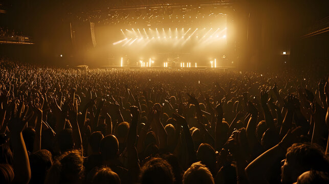 A massive crowd of excited concert-goers gathered together, cheering, dancing, and enjoying the live music performance