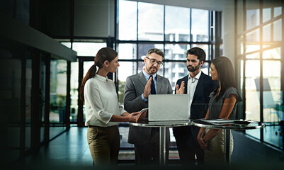 Laptop, meeting and business people with cooperation for group project proposal and sharing ideas in office. Corporate employees, computer and brainstorming for feedback report and online marketing