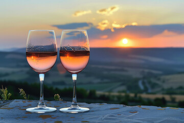 Two wine glasses filled with red wine sit on a table overlooking a lake