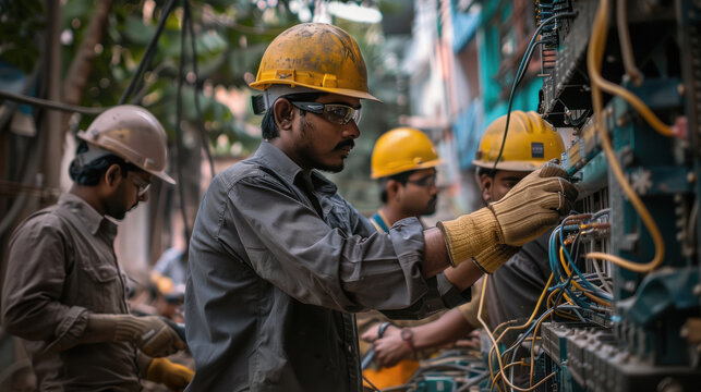 telecommunication worker group working together