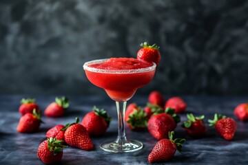 Single strawberry daiquiri with sugar rim, garnished with strawberries on a dark surface background