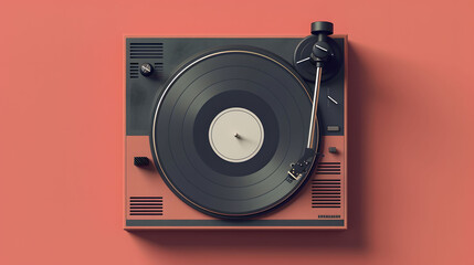 A black record player stands against a vibrant pink wall