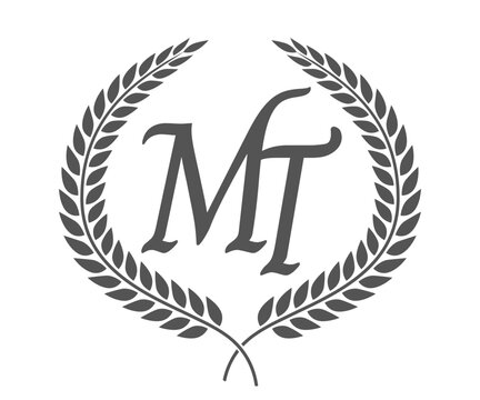 Initial letter M and T, MT monogram logo design with laurel wreath. Luxury calligraphy font.