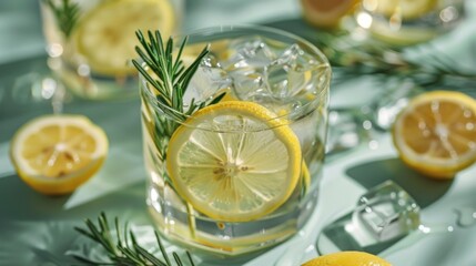 Summer refreshing lemonade drink or alcoholic cocktail with ice, rosemary and lemon slices on pastel light green surface. ai generated