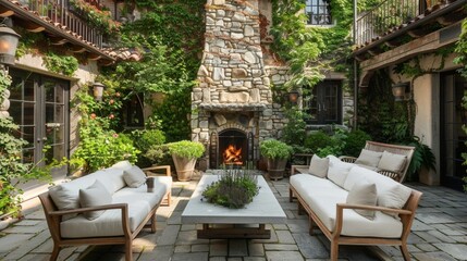 Fototapeta premium Cozy patio with a fireplace and white sofa set with fresh green plants
